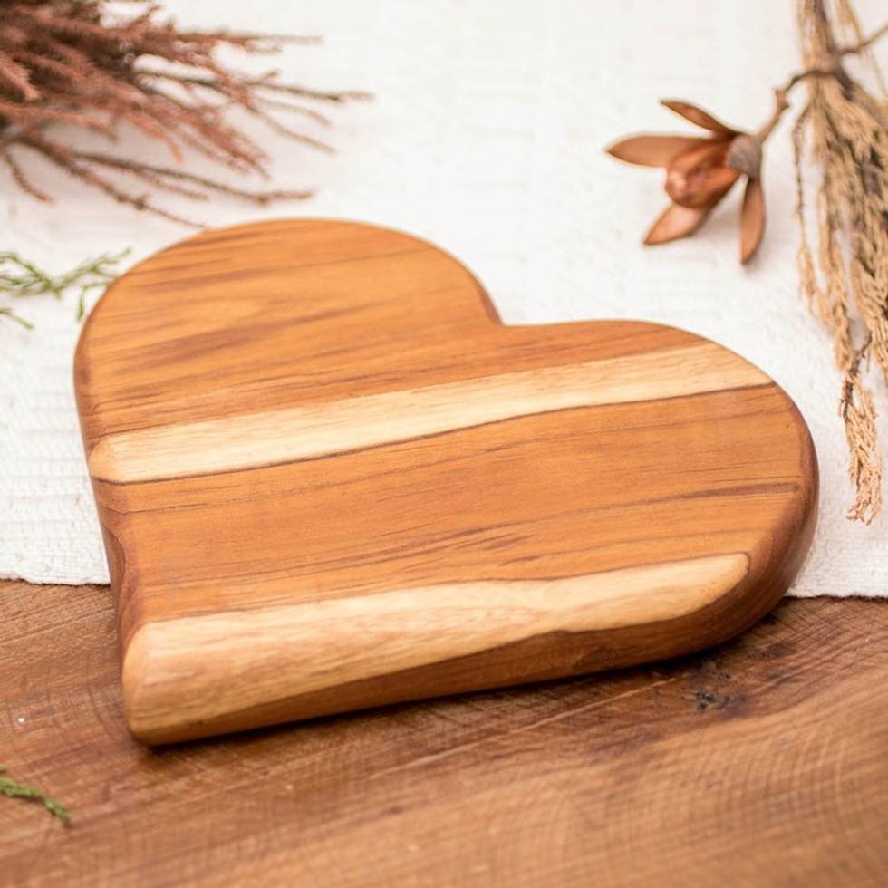 Heart-Shaped Teak Wood Cheese Board Hand-Carved in Guatemala 'Love Elixir'