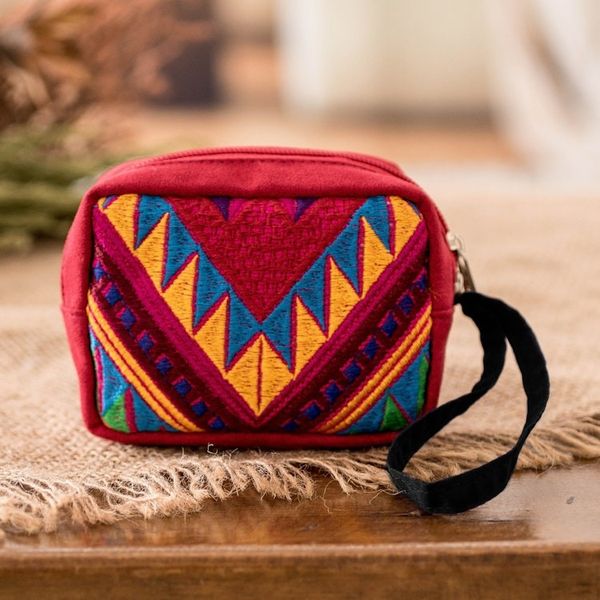 Alternate image for Red Geometric Cotton Coin Purse Hand-Woven in Guatemala Vibrant Versatility