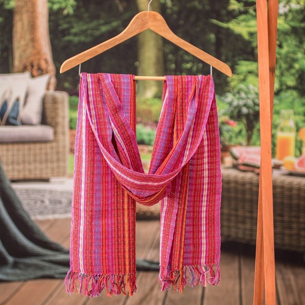 Handwoven Red and Pink 100 Cotton Scarf Made in Guatemala 'Festival in Palopo'