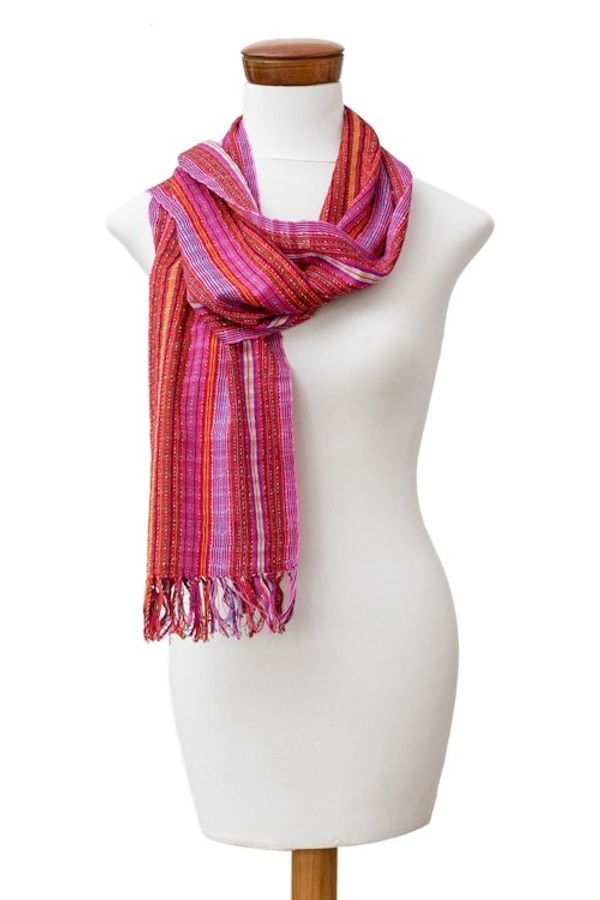 Alternate image for Handwoven Red and Pink 100 Cotton Scarf Made in Guatemala Festival in Palopo