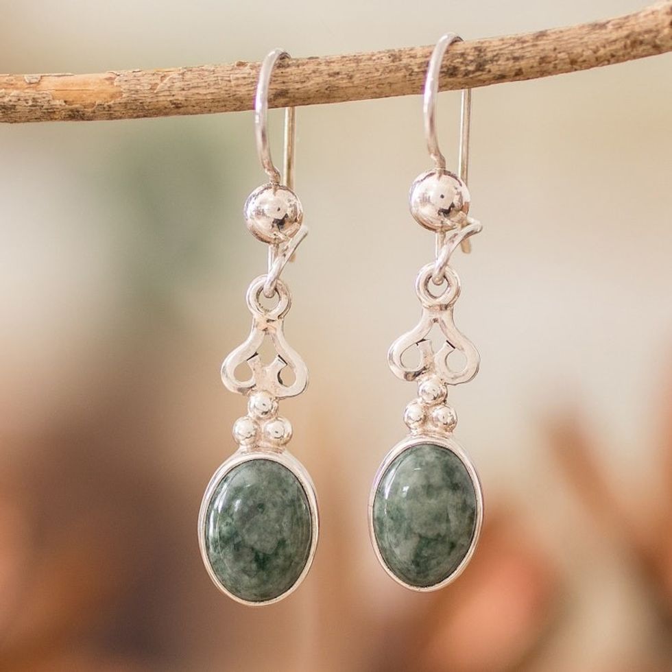 Guatemalan Light Green Jade Sterling Silver Dangle Earrings 'Light Green Love Poem'
