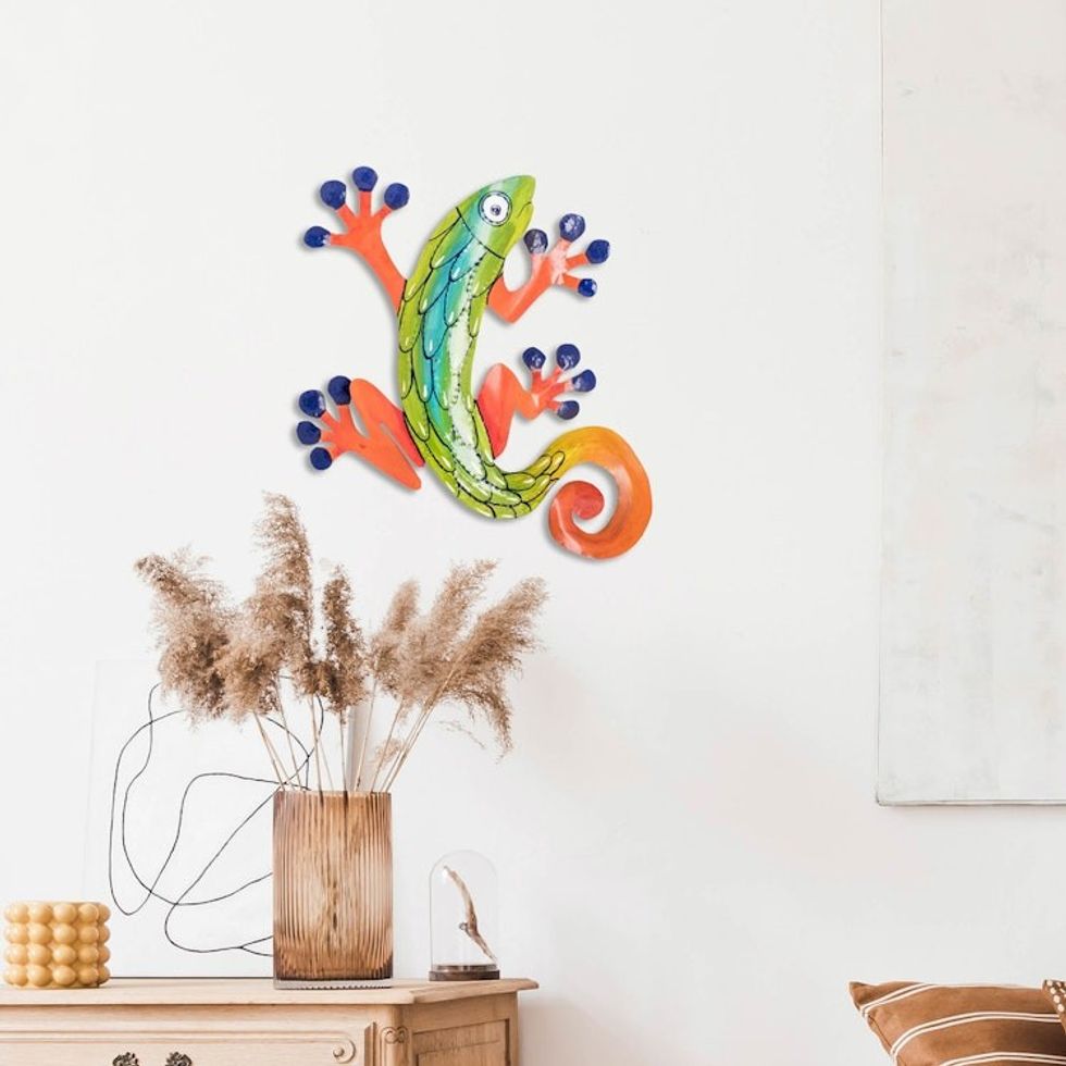 Colorful Hand-Painted Tropical Lizard Steel Wall Art 'Lovely Lizard'