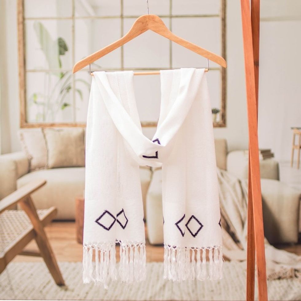 Handwoven Fringed White Cotton Scarf with Rhombus Motifs 'White Geometric Charm'