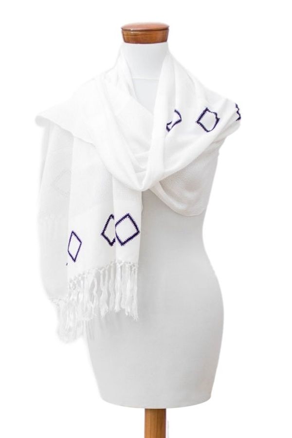 Alternate image for Handwoven Fringed White Cotton Scarf with Rhombus Motifs White Geometric Charm