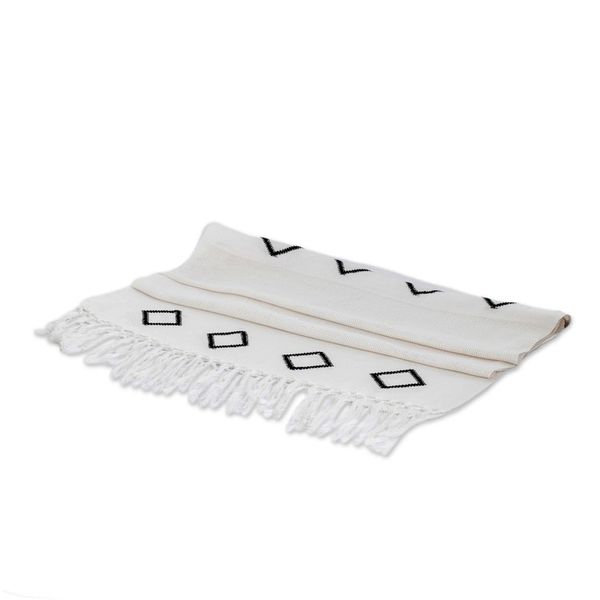 Alternate image for Handwoven Fringed White Cotton Scarf with Rhombus Motifs White Geometric Charm