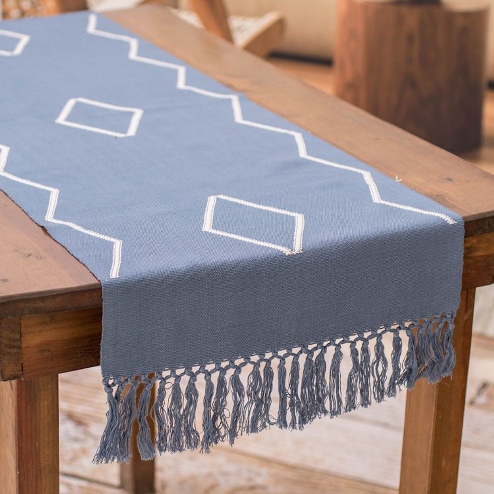Handloomed Cotton Table Runner in Blue with Diamond Patterns 'Weaving with Love'