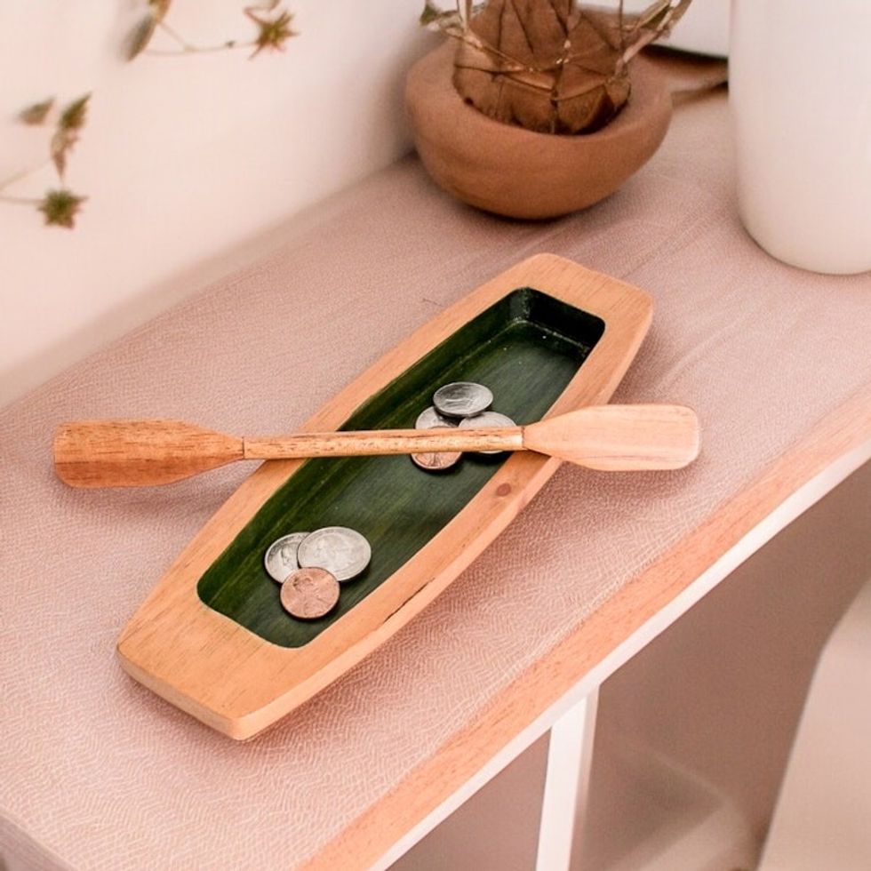 Hand-Carved Painted Green Cedarwood Boat Catchall 'Harmonious Journey'