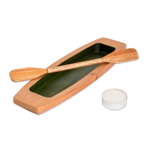 Alternate image for Hand-Carved Painted Green Cedarwood Boat Catchall Harmonious Journey
