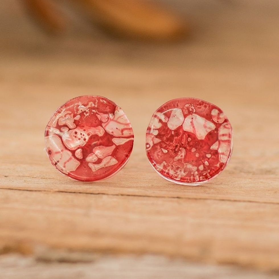 Handmade Eco-Friendly Round Red Recycled CD Stud Earrings 'Red Translucent Illusion'