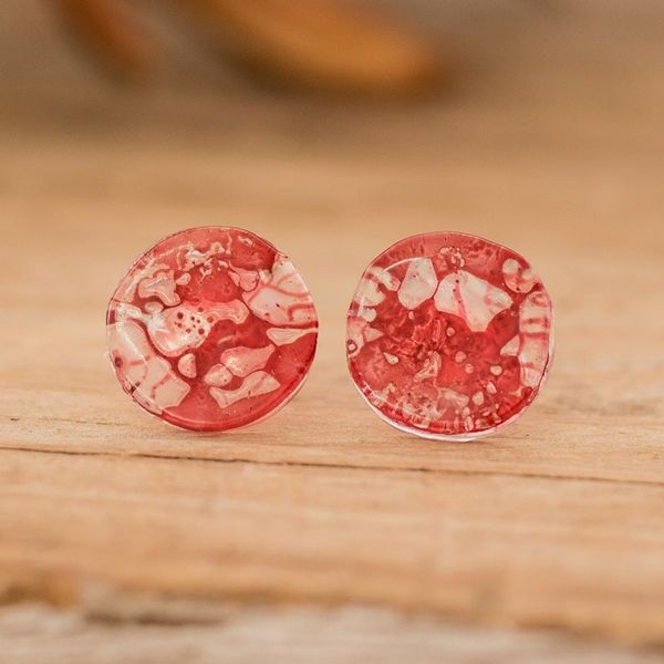 Alternate image for Handmade Eco-Friendly Round Red Recycled CD Stud Earrings Red Translucent Illusion