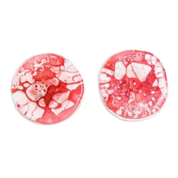 Alternate image for Handmade Eco-Friendly Round Red Recycled CD Stud Earrings Red Translucent Illusion