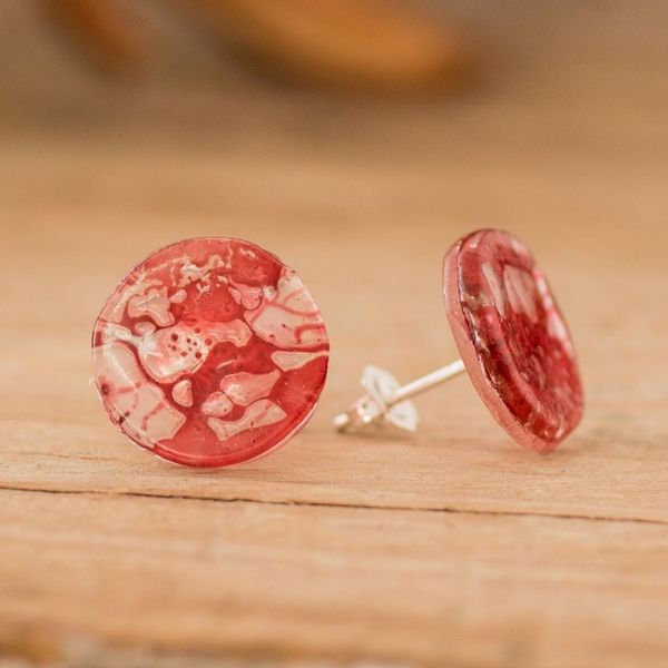 Alternate image for Handmade Eco-Friendly Round Red Recycled CD Stud Earrings Red Translucent Illusion
