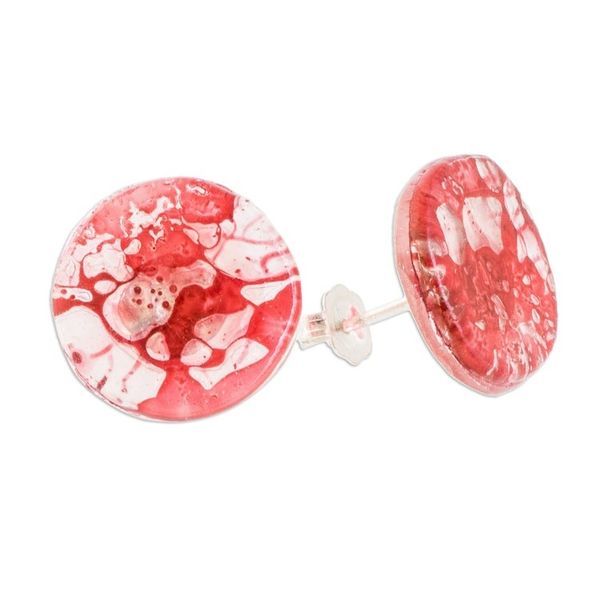 Alternate image for Handmade Eco-Friendly Round Red Recycled CD Stud Earrings Red Translucent Illusion