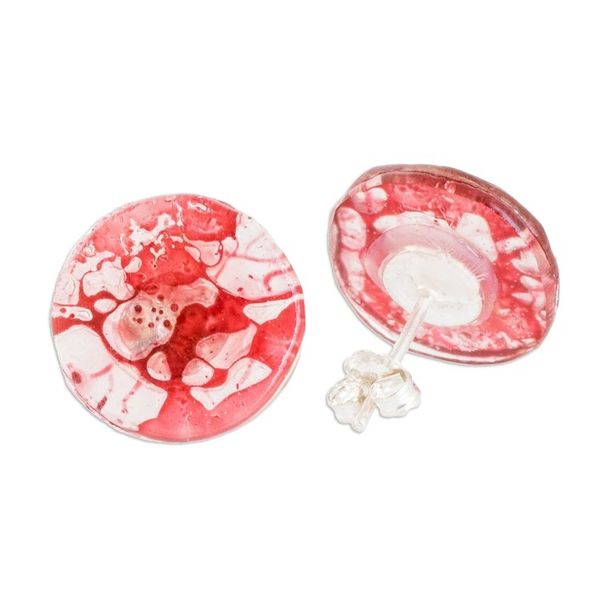 Alternate image for Handmade Eco-Friendly Round Red Recycled CD Stud Earrings Red Translucent Illusion