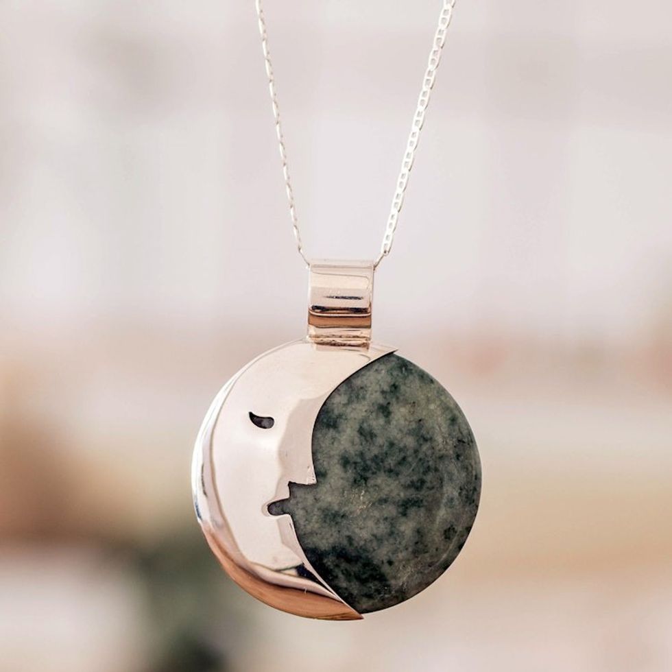 Reversible Moon-Themed Green Jade Pendant Necklace 'Dreamy Moonlight'