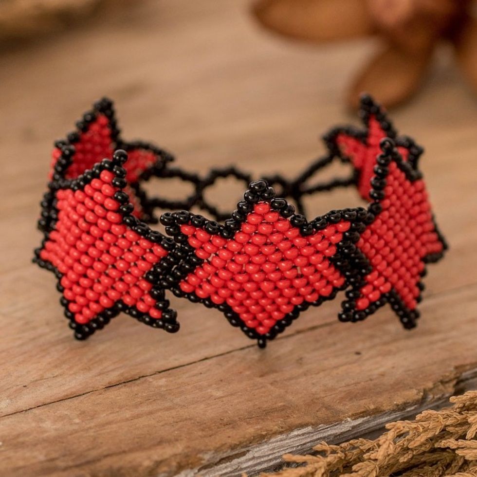 Handcrafted Red and Black Beaded Bracelet with Star Design 'Red Starlight'