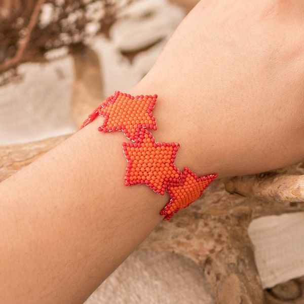 Alternate image for Orange Red Star-Themed Handmade Beaded Wristband Bracelet Orange Starlight