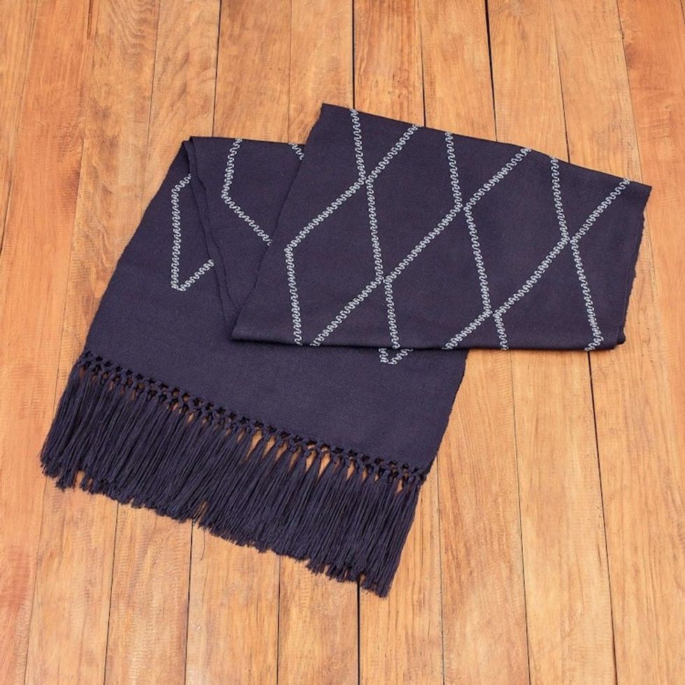 Handwoven Navy Cotton Table Runner with Diamond Pattern 'Navy Diamond Paths'