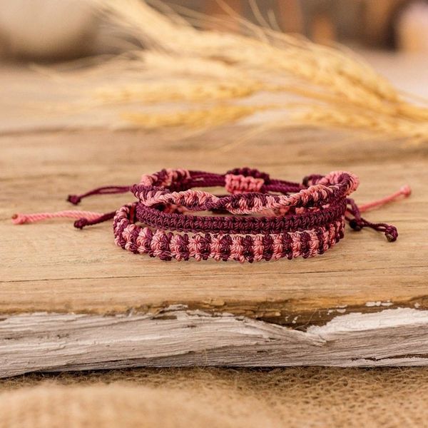 Alternate image for Set of 3 Macrame Friendship Bracelets in Burgundy and Pink Burgundy and Rose