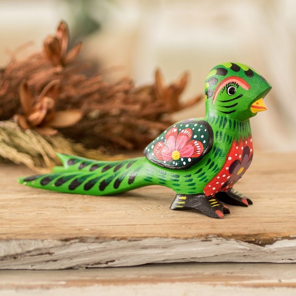 Floral Hand-Carved Painted Green Pinewood Quetzal Figurine 'Regal Quetzal'
