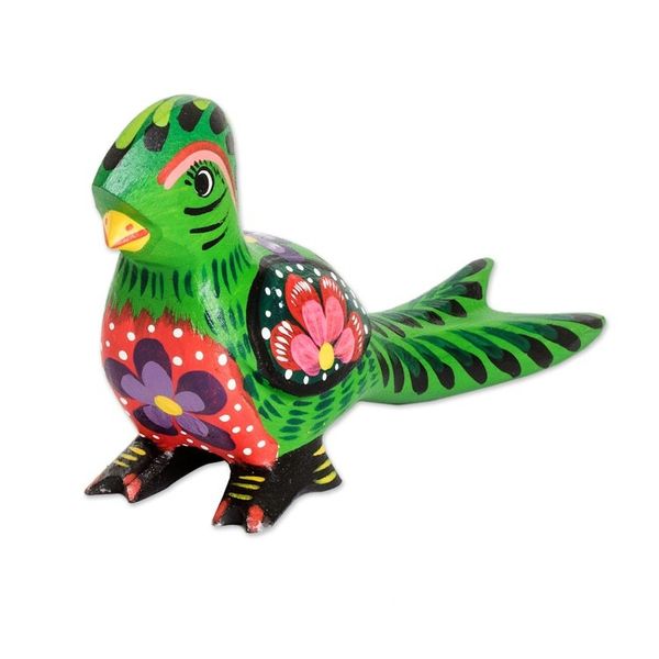 Alternate image for Floral Hand-Carved Painted Green Pinewood Quetzal Figurine Regal Quetzal