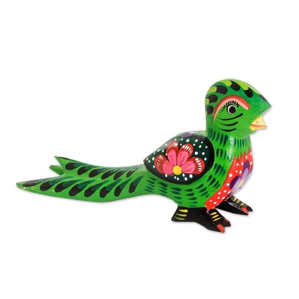 Alternate image for Floral Hand-Carved Painted Green Pinewood Quetzal Figurine Regal Quetzal