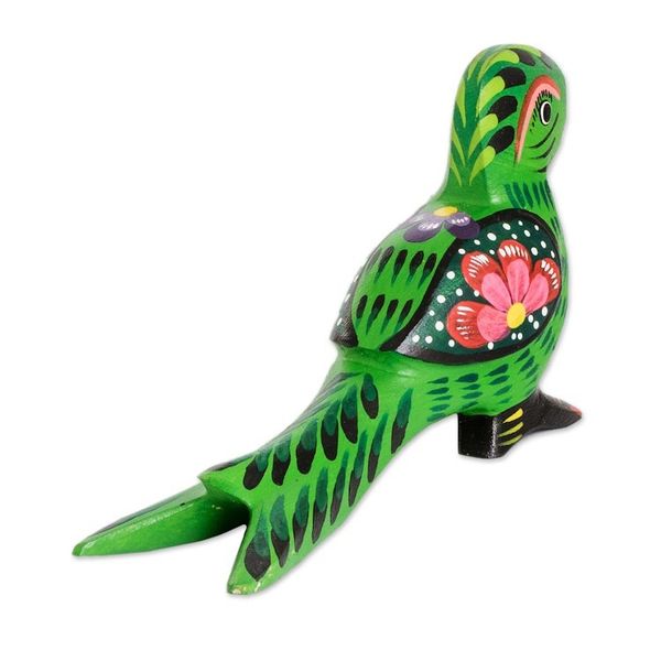 Alternate image for Floral Hand-Carved Painted Green Pinewood Quetzal Figurine Regal Quetzal