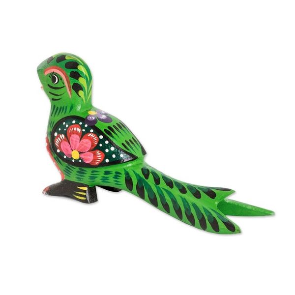 Alternate image for Floral Hand-Carved Painted Green Pinewood Quetzal Figurine Regal Quetzal