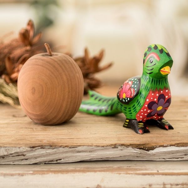 Alternate image for Floral Hand-Carved Painted Green Pinewood Quetzal Figurine Regal Quetzal