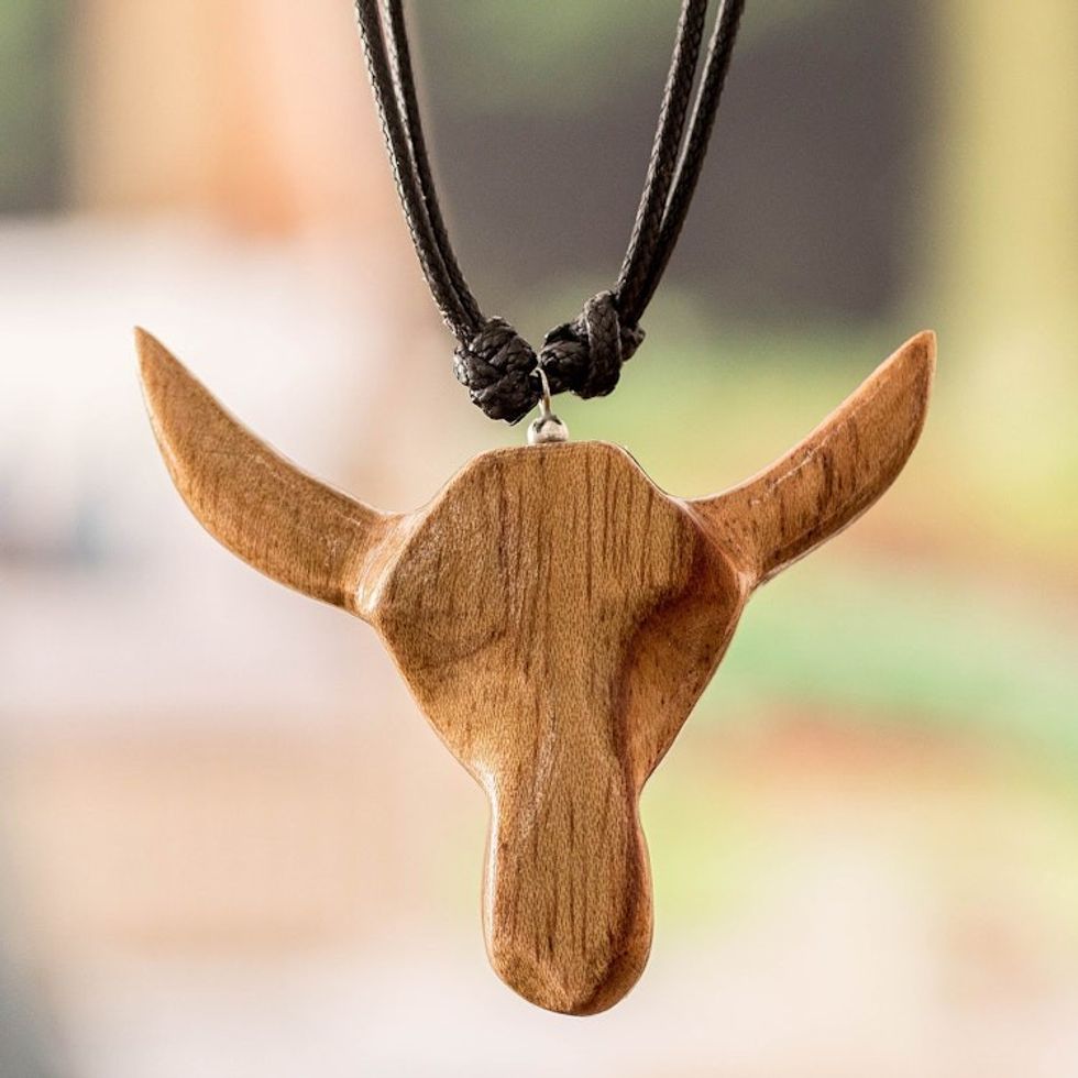 Adjustable Mens Wood Pendant Necklace with Bull Head Motif 'Nocturnal Bull'