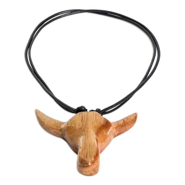 Alternate image for Adjustable Mens Wood Pendant Necklace with Bull Head Motif Nocturnal Bull
