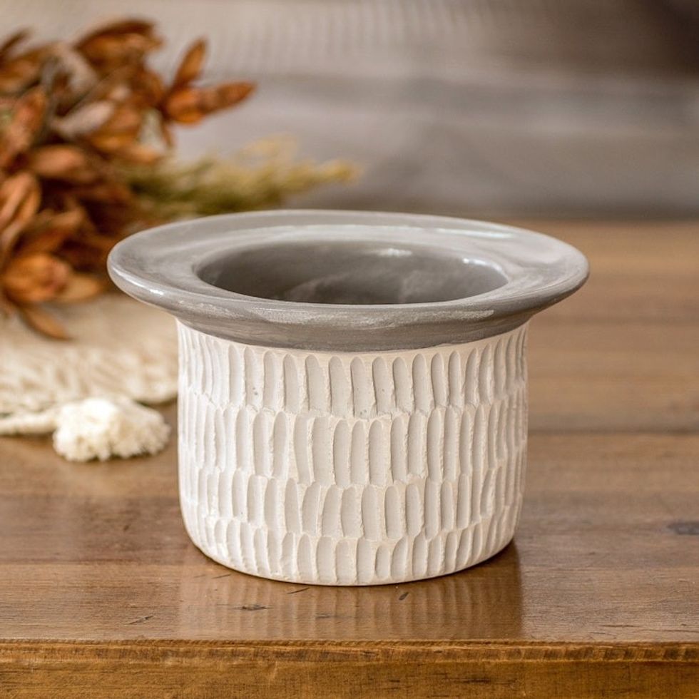 Modern Textured Ceramic Vase Hand-Painted in Guatemala 'Festival of Flowers in Grey'