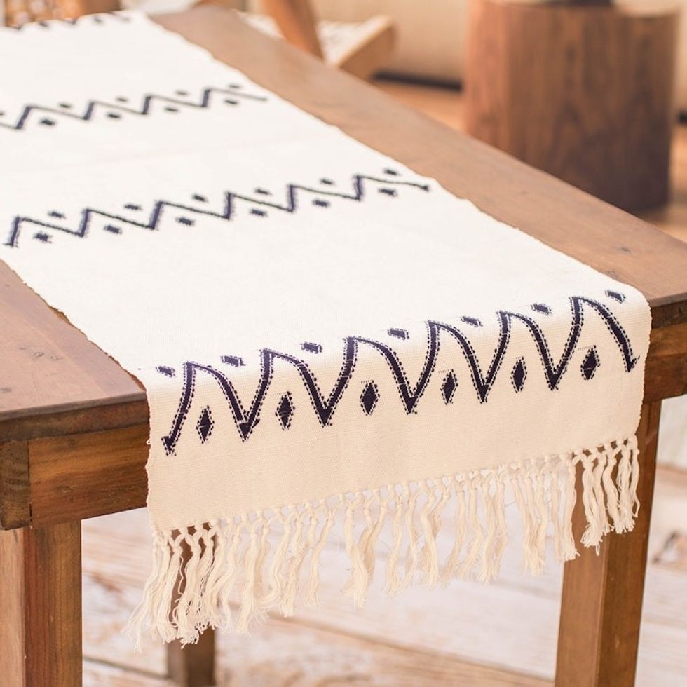 Hand-Loomed Geometric Fringed Ivory Cotton Table Runner 'Geometric Dreams'
