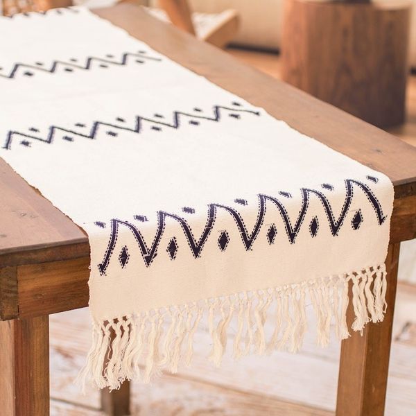 Alternate image for Hand-Loomed Geometric Fringed Ivory Cotton Table Runner Geometric Dreams