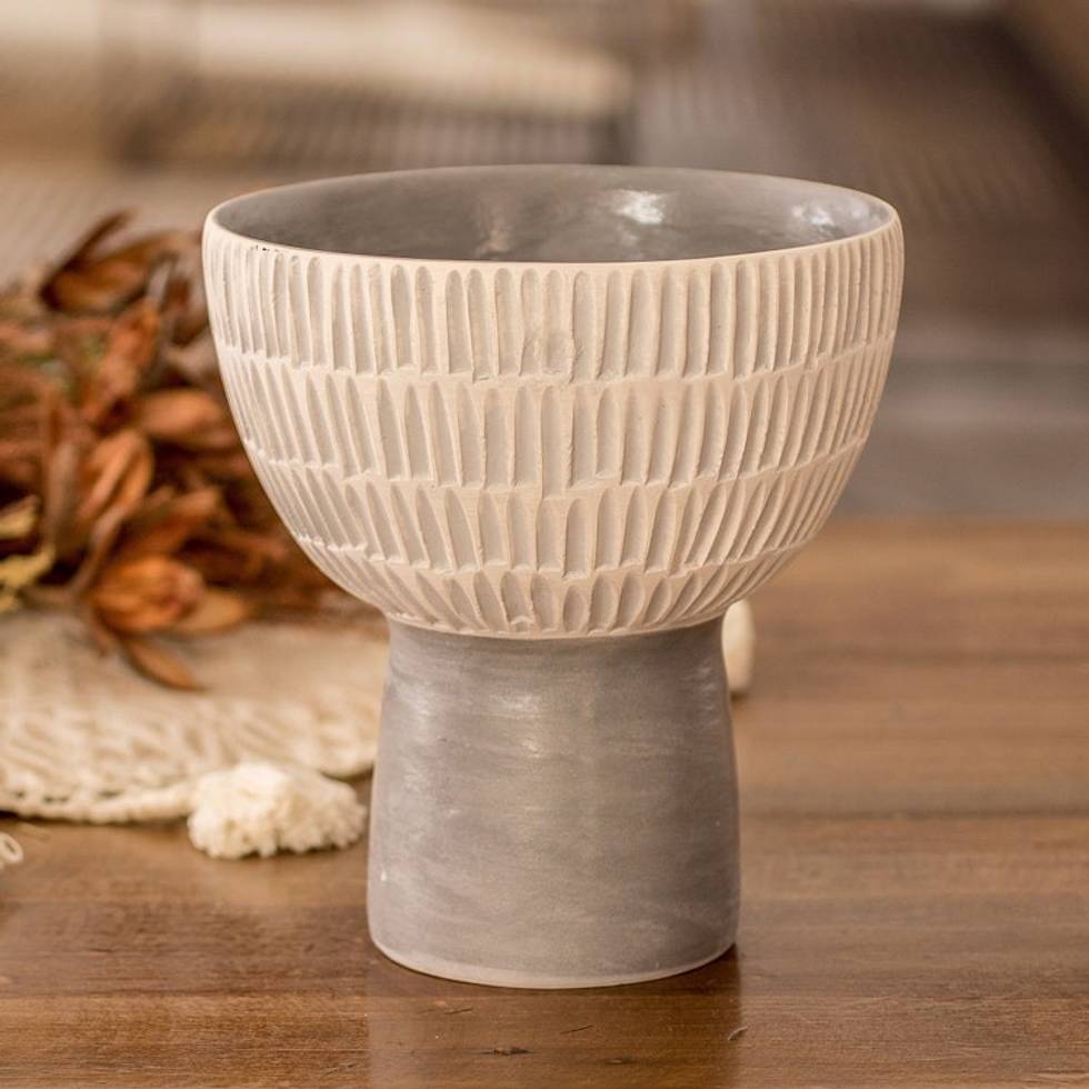 Ivory and Grey Modern Ceramic Vase Handmade in Guatemala 'Textures in Grey'