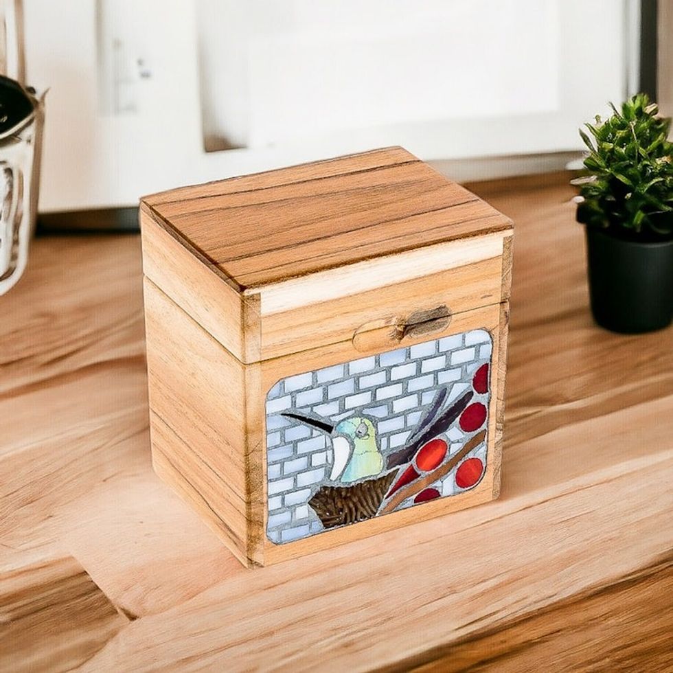 Handcrafted Hummingbird Mosaic Decorative Box in Bright Hues 'Harmonious Secrets'
