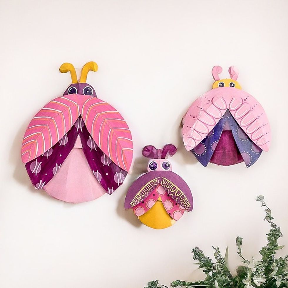 Set of 3 Hand-Painted Pink Ladybug Steel Wall Art 'Dulcet Union'