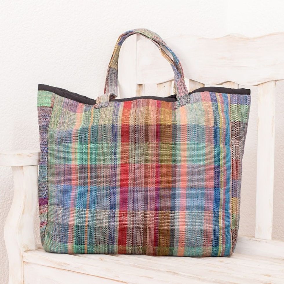Eco-Friendly Colorful Cotton and Recycled Plastic Tote Bag 'Eco-Friendly Shopping'