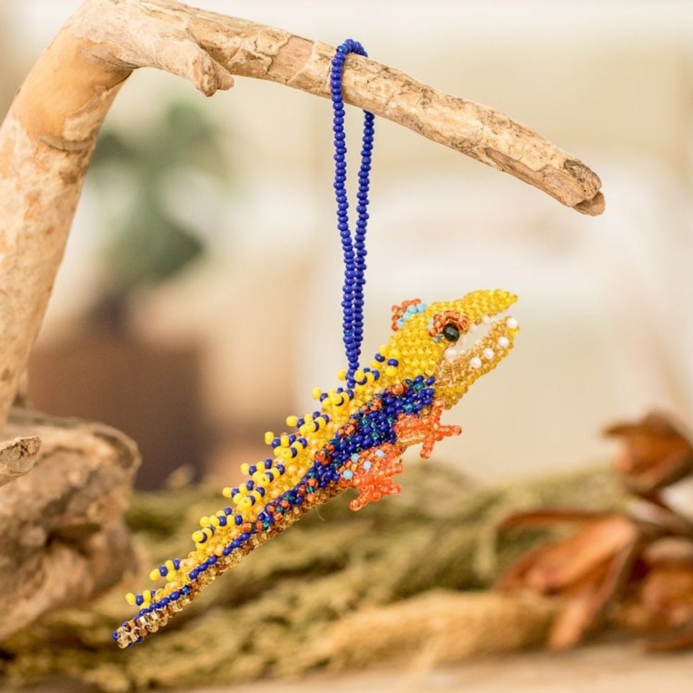 Yellow Blue Orange Glass Beaded Crocodile-Themed Ornament 'Bold Ferocious Friend'