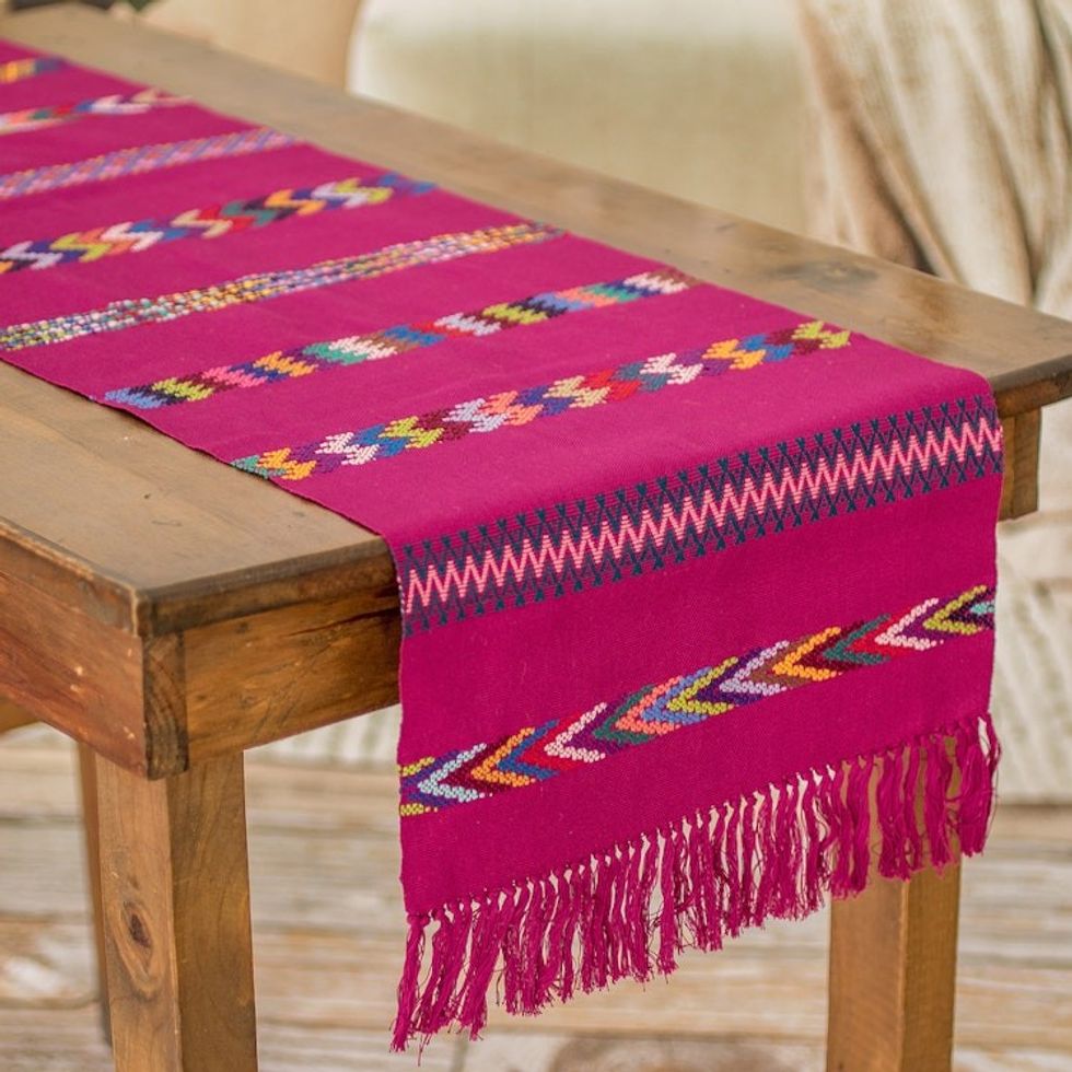 Handloomed Striped Fuchsia Cotton Table Runner with Fringes 'Route to the Garden'