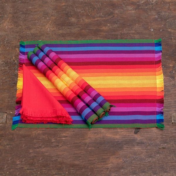 Alternate image for 4 Handwoven Striped Cotton Rainbow Placemats with Napkins Palopo Rainbow