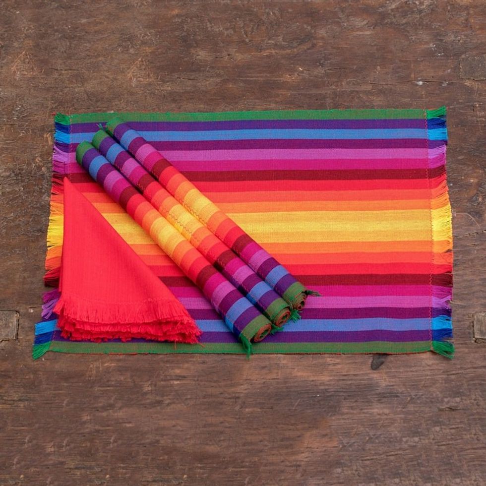 4 Handwoven Striped Cotton Rainbow Placemats with Napkins 'Palopo Rainbow'