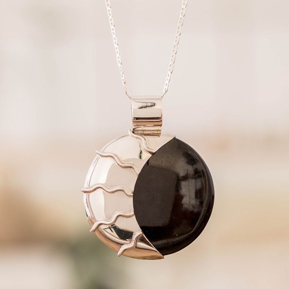 Sun and Moon-Themed Black and Green Jade Reversible Necklace 'Maya Eclipse'