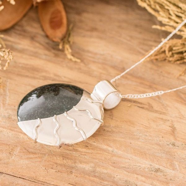 Alternate image for Sun and Moon-Themed Black and Green Jade Reversible Necklace Maya Eclipse