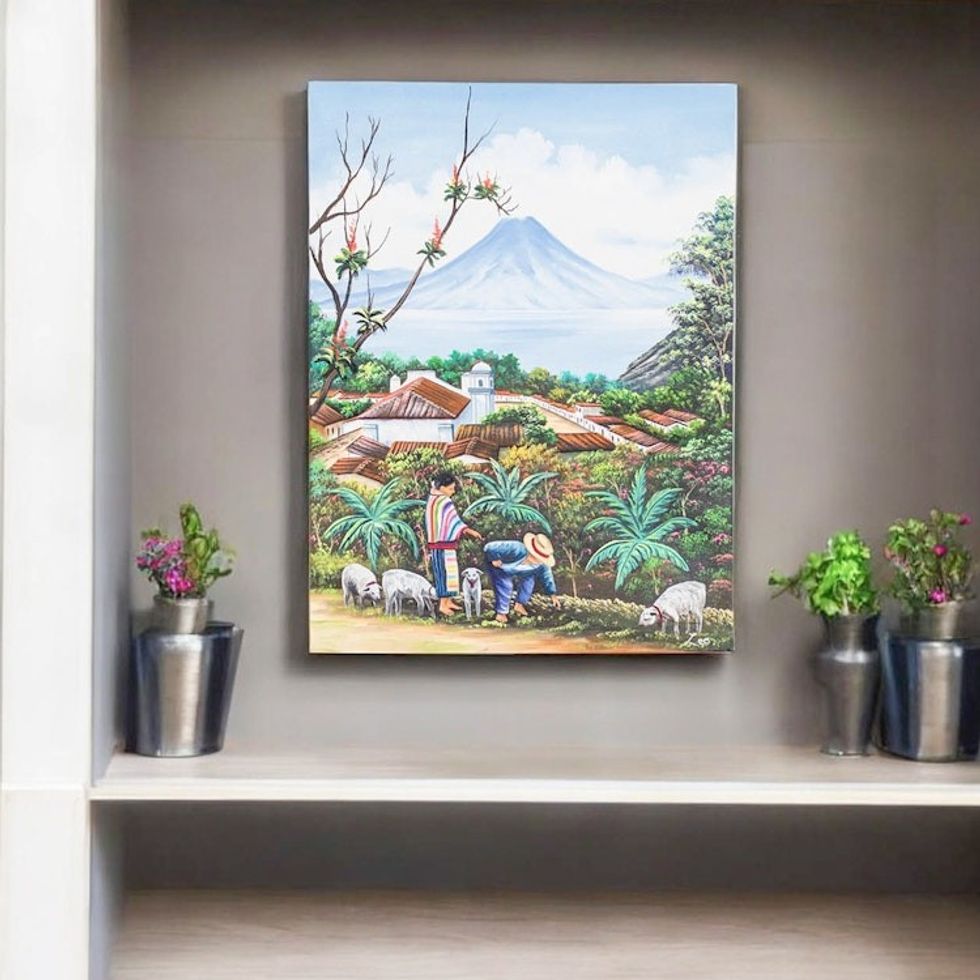 Guatemalan Couple with Sheep Near Lake Atitlan Oil Painting 'Lake Atitlan from San Jorge'