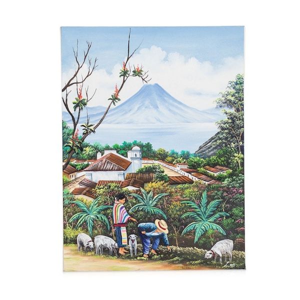 Alternate image for Guatemalan Couple with Sheep Near Lake Atitlan Oil Painting Lake Atitlan from San Jorge