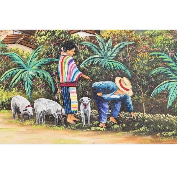 Alternate image for Guatemalan Couple with Sheep Near Lake Atitlan Oil Painting Lake Atitlan from San Jorge