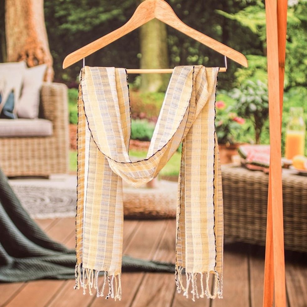 Artisan-Made 100 Cotton Fringed Scarf in Beige and Ivory 'Lands of Calm'