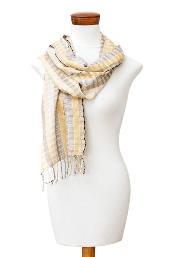 Alternate image for Artisan-Made 100 Cotton Fringed Scarf in Beige and Ivory Lands of Calm