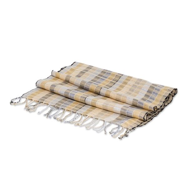 Alternate image for Artisan-Made 100 Cotton Fringed Scarf in Beige and Ivory Lands of Calm